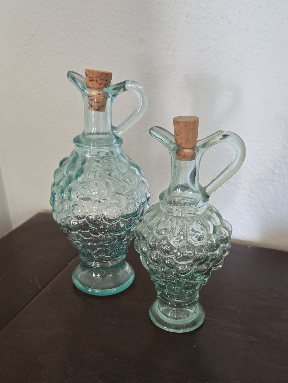 Vintage Aqua Bubble Glass Cruet Bottles with Cork Stoppers, Set Of 2